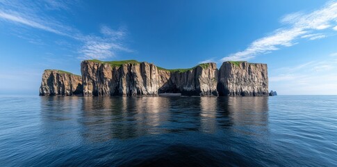 Majestic rocky cliffs rise above a serene, calm sea, creating a stunning coastal landscape.