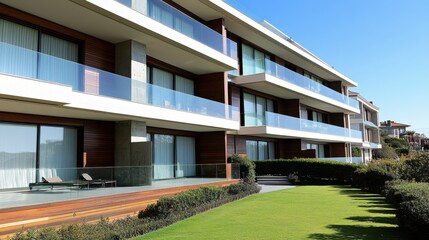 Modern Residential Building with Glass Balconies and Lush Green Lawn in Bright Sunshine, Showcasing Contemporary Architecture and Elegant Outdoor Space