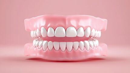 Obraz premium Realistic dental model showcasing a set of white teeth and pink gums against a soft pink background, ideal for dental education.