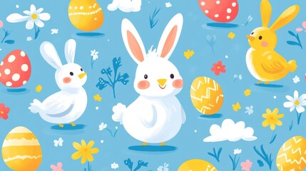 Obraz premium Cute Easter Bunny and Chick with Eggs Pattern