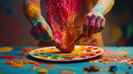 Close-up of Paintbrush Splashing Colorful Paint Onto Palette