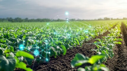 Obraz premium A precision farming system with sensors and data analysis tools monitoring crop health in a large field, showing the benefits of smart farming technology