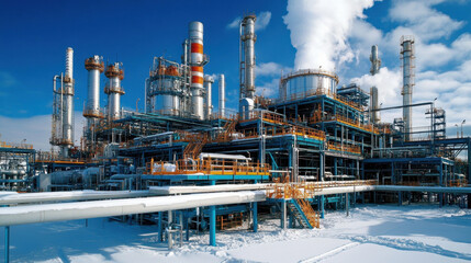 Obraz premium Industrial oil refinery with pipelines and storage tanks under clear blue sky. scene captures technological advancements in petroleum processing, showcasing complex network of structures