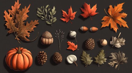 Fototapeta premium Autumn Leaves and Forest Treasures: A Fall Illustration