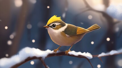 Colorful Bird Perched on a Snowy Branch in a Winter Forest Setting with Soft Focus Background and Gentle Snowflakes Falling in Natural Habitat