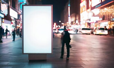 Illuminated Blank Billboard in Bustling Urban Night Scene for Advertisements : Generative AI