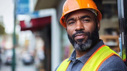 confident construction worker wearing orange hard hat and safety vest stands outside, showcasing his dedication to safety and professionalism in construction industry