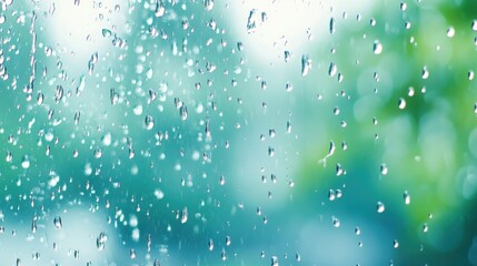 Raindrops cascade down a window, creating a soothing atmosphere with a blurred green background, Ideal for themes of calmness, nature, or weather-related content, Suitable for blogs or marketing,