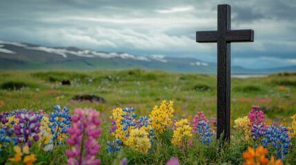 wooden cross stands amidst vibrant wildflowers in serene Icelandic landscape, evoking sense of peace and reflection. colorful blooms create striking contrast against lush green grass and cloudy sky