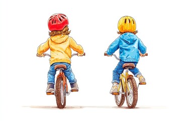 Two children riding bicycles in bright jackets and helmets, white isolate background.