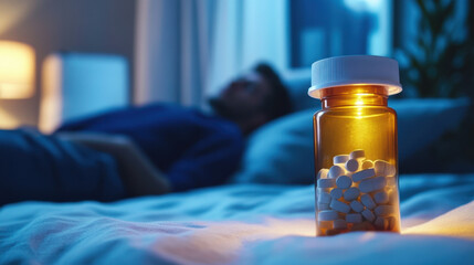 close up of bottle of sleeping pills is illuminated in dimly lit room, with person resting in background, conveying sense of calm and tranquility