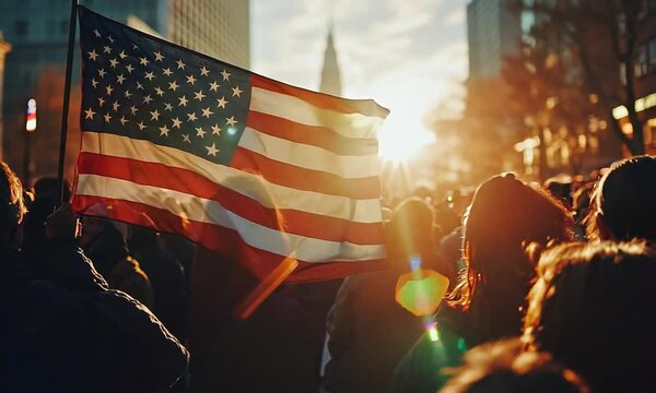 American Flag Waving in Urban Setting at Sunset with Warm Glowing Light : Generative AI
