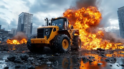 Powerful Tractor Fighting Fire Urban Disaster Destruction Scene