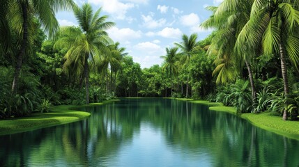 Obraz premium Lush Tropical Paradise Tranquil Lagoon Palm Trees Exotic Plants Summer Vacation