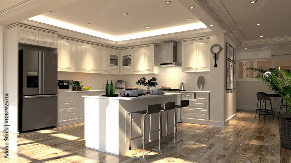 Poster 3d rendering of modern kitchen with sleek cabinets and island counter