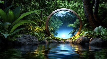 Naklejka premium Enchanting Tropical Pond with Circular Mirror Reflection