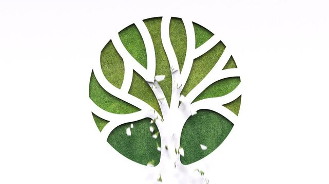 Green tree ecology symbol revealing by collapsing wall. Eco green tree icon on white background for recycling, ecology, environment protect, renewable reuse promotion.	