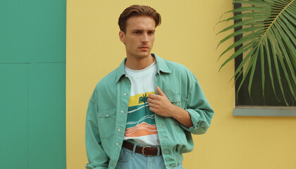90s esthetic with a guy in palm shirt standing near a building. 90s color palette