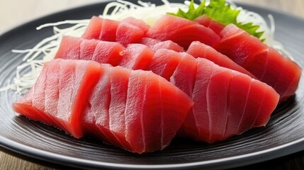 Freshly Sliced Tuna on a Black Plate Accompanied by Shredded Radish and Garnished with Green Leaf, Capturing the Essence of Japanese Culinary Art