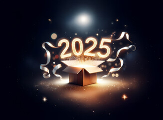 A glowing 2025 bursts from an open box, surrounded by sparkling ribbons and a bright light.