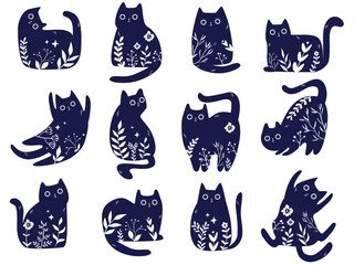 Set of cats with Folk art ornament pattern. Vector illustration.