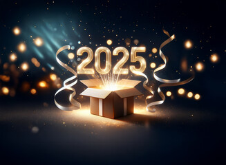An open gift box with golden ribbons and glowing lights reveals the year 2025.