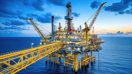 Vibrant Sunset Over Offshore Oil Rig: A Majestic Modern Industrial Infrastructure Amidst the Tranquil Sea Waters and Dramatic Sky at Dusk
