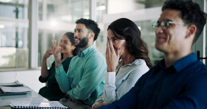 Business people, funny and planning in meeting, teamwork and happiness in modern office. Employees, group and coworkers with joke, laughing and brainstorming for project, feedback and embarrassed