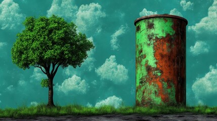 Lush Green Tree Rusted Metal Cylinder Surreal Nature Scene Environmental Contrast