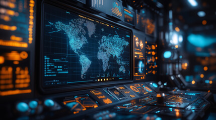 Control center monitoring global network activity with world map displaying data points