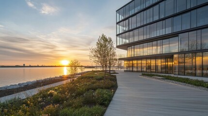 Obraz premium Modern waterfront building with reflections at sunset, showcasing contemporary architecture and nature in harmonious blend by the water's edge