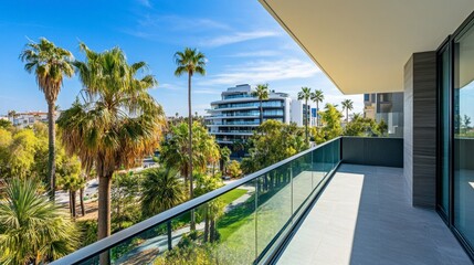 Fototapeta premium Modern Balcony View Overlooking Lush Palm Trees and Urban Landscape in a Bright and Sunny Atmosphere