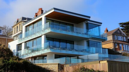Modern Coastal House with Expansive Glass Balconies Overlooking the Seaside, Showcasing Contemporary Architecture and Scenic Views