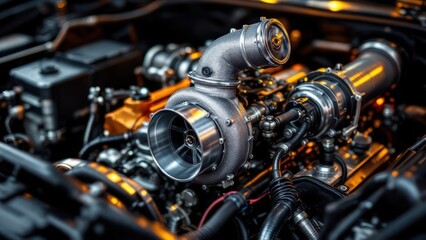 Turbocharged Power: A close-up of a gleaming turbocharger nestled within a powerful engine, showcasing the intricate mechanics and raw energy of automotive engineering.
