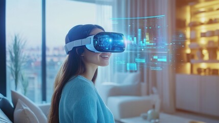 A woman wearing a VR headset and looking at a holographic display with graphs and data while sitting on a couch in a modern apartment.