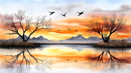 Fototapeta premium Serene Sunset Landscape Lake Reflection Bare Trees Flying Birds Mountain Range