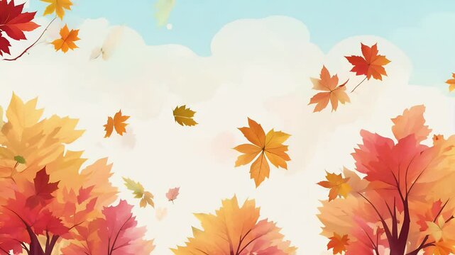 falling leaves watercolor anime style creating beautiful serene seasonal background ing 4K video mountain nature sky forest tree fall cloud snow view park green vale travel scenic wood