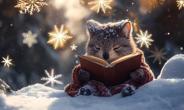 cute animal vombat reading in winter
