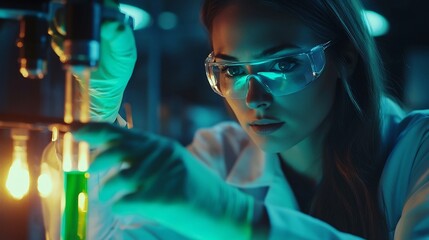 Obraz premium A scientist carefully examining a glowing test tube of green liquid symbolizing innovation and commitment to a sustainable future