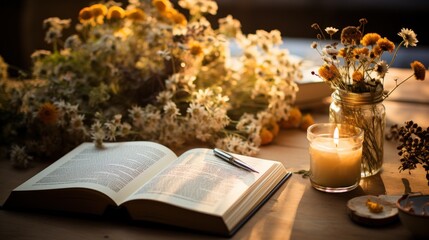 Obraz premium Open Book with Flowers and Candle
