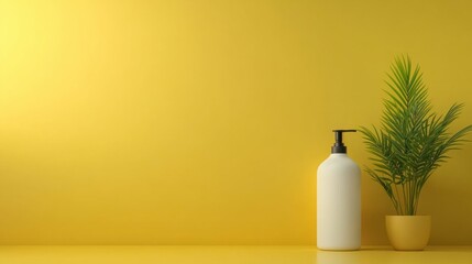 Dewy lotion bottle with green plant pastel yellow background product photography minimalist setting front view freshness concept