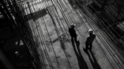 Two construction workers in hard hats stand on a concrete floor of a building under construction, looking at the plans.