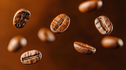 Fototapeta premium Glossy Coffee Beans in Mid-Air, Highlighting Texture and Movement