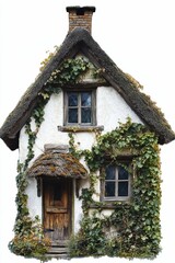 Old cottage covered in ivy with a thatched roof.
