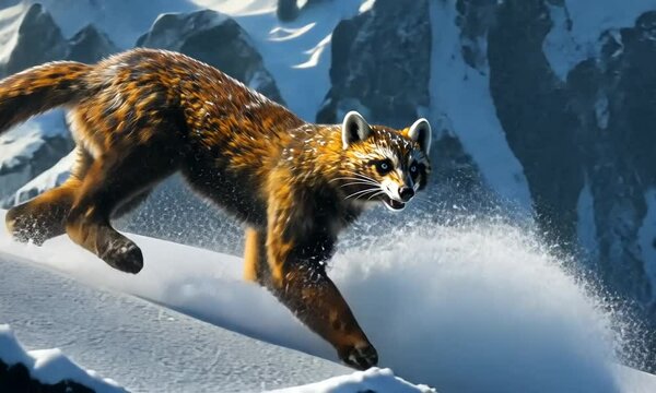 A wolverine leaps through a snowy landscape with mountains in the background.
