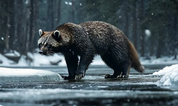 A wolverine running across a snowy landscape, showcasing its agility and natural habitat.