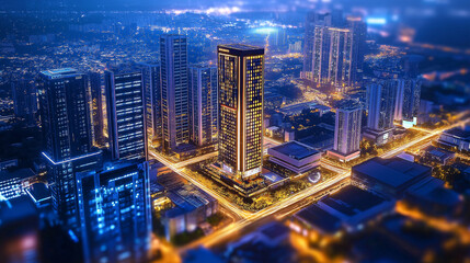 Nighttime Urban Scene with Glowing Buildings and Highlighted Skyscraper