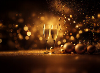Two champagne flutes filled with bubbly sit on a surface sparkling with gold glitter, surrounded by golden Christmas ornaments and a shower of confetti.