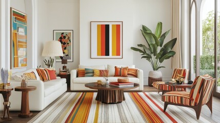 Modern Living Room with Vibrant Color Palette Featuring Warm Tones, Stylish Furniture, Artistic Decor, and Bright Natural Light in a Cozy Home Environment