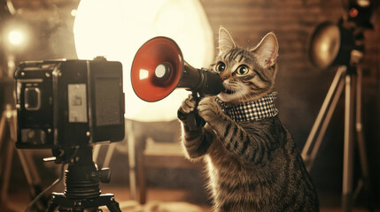 Cute cat as a film director with a megaphone